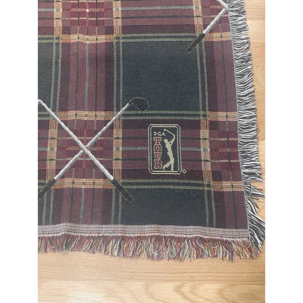 Vintage PGA Golf Tapestry Throw Blanket & Pillow Green Burgundy Cross Clubs